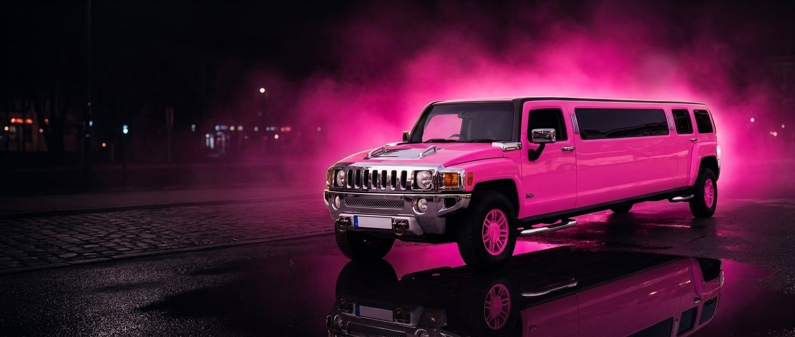 Hummer Pink — różowa limuzyna H3 nocą w neonowej mgle