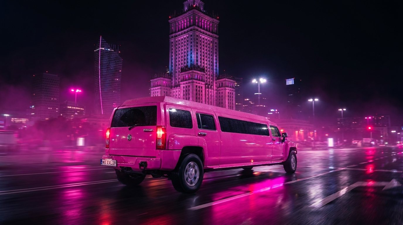 Różowy Hummer przejeżdża nocą obok Pałacu Kultury w Warszawie